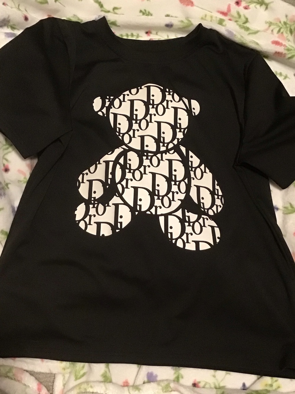 Dior Black Short Sleeve Tee with White Logo Teddy Graphic